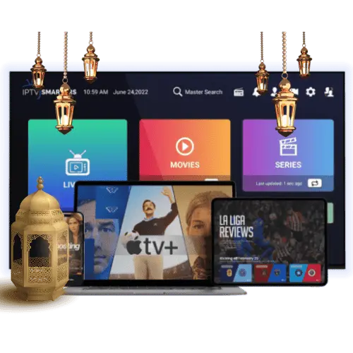 Arabic IPTV streaming service displayed on multiple devices, including a smart TV, laptop, and tablet, with a festive Ramadan theme featuring golden lanterns and decorations.